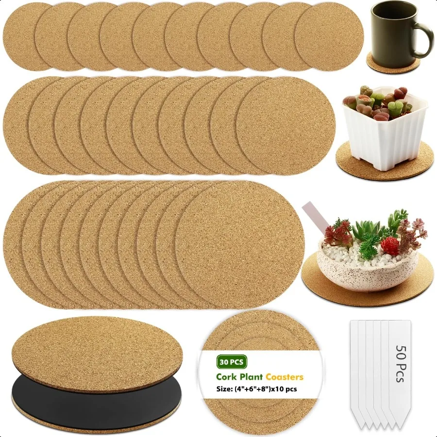 Paquete de 30 posavasos para plantas de corcho, platillo para plantas de corcho de 4, 6, 8 pulgadas para interiores, juego de posavasos de corcho a granel, manteles individuales redondos de madera de corcho para plantas