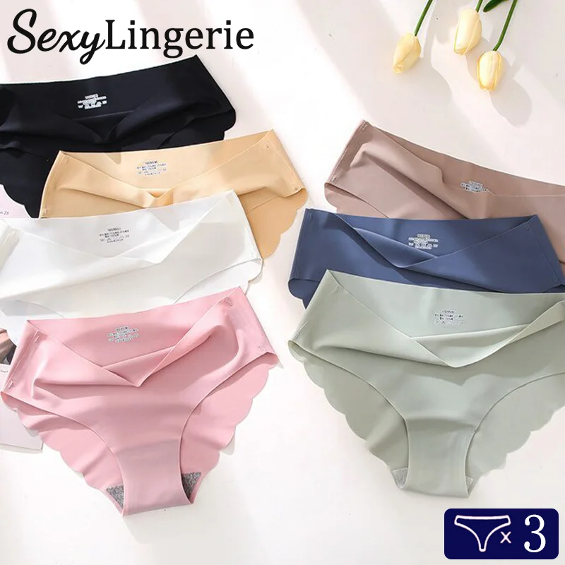 3PCS Seamless Silk Briefs Soft Sexy Panties For Women Mid Waist Comfortable Girl Silk Panty Female Underpant Woman Lingerie M-XL