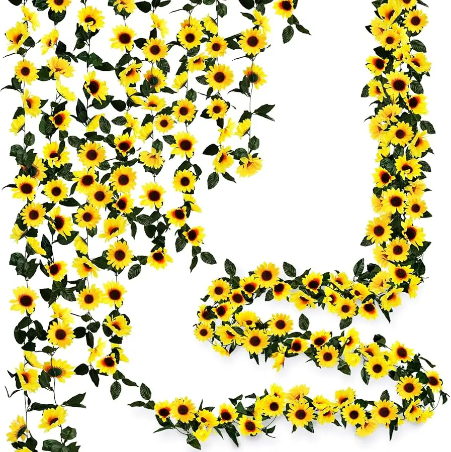 

12PCS Artificial Sunflower Garland, 7.5ft/Strand Silk Sunflowers Hanging Vines Flowers with Green Leaves for Room Kitchen Garden