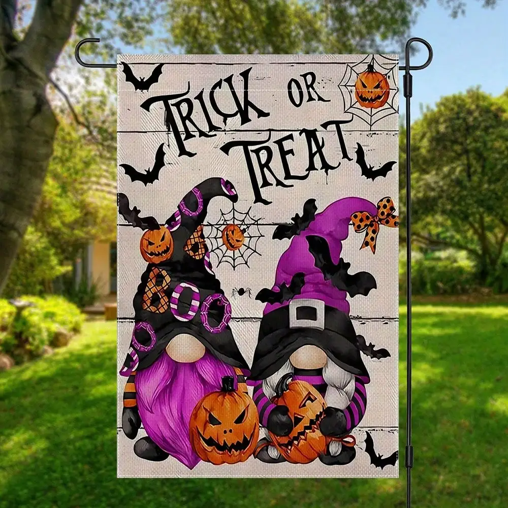 1pc, Jack-O-Lantern Purple Gnomes Halloween Trick Ot Treat Halloween Garden Yard House Flag, Double Sided Garden Yard Flag, Home Decor, Outside Decor, Yard Decor, Garden Decor, Holiday Decor, No Flagpole 12x18in