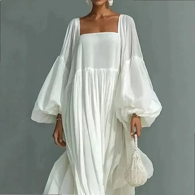 Women's Flowy Elegant Long Dress Square Neck Lantern Sleeve Loose Fit Slimming Dresses Spring Summer Vacation Matching Set view 3