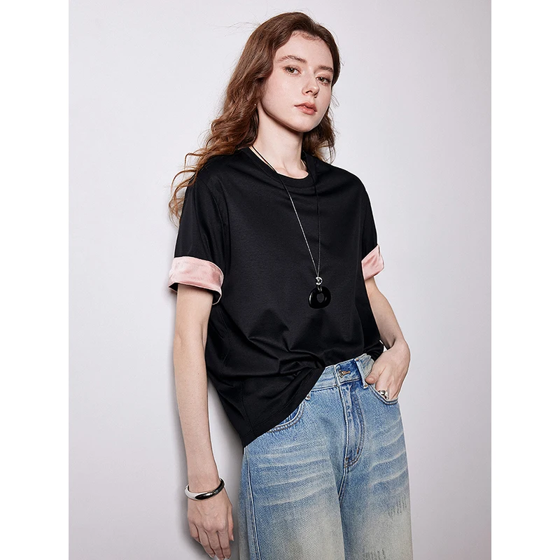 TOYOUTH Women Short Sleeve T-shirt 2025 Spring New Chinese Style Silk Satin Round Neck Pullover Tops