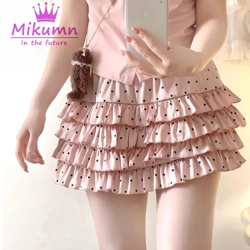 Mikumn Y2k Women Kawaii Lolita Style Cake Mini Skirt Harajuku Girls Cute Japanese Sweet Ruffles Polka Dot Print Pleated Skirts