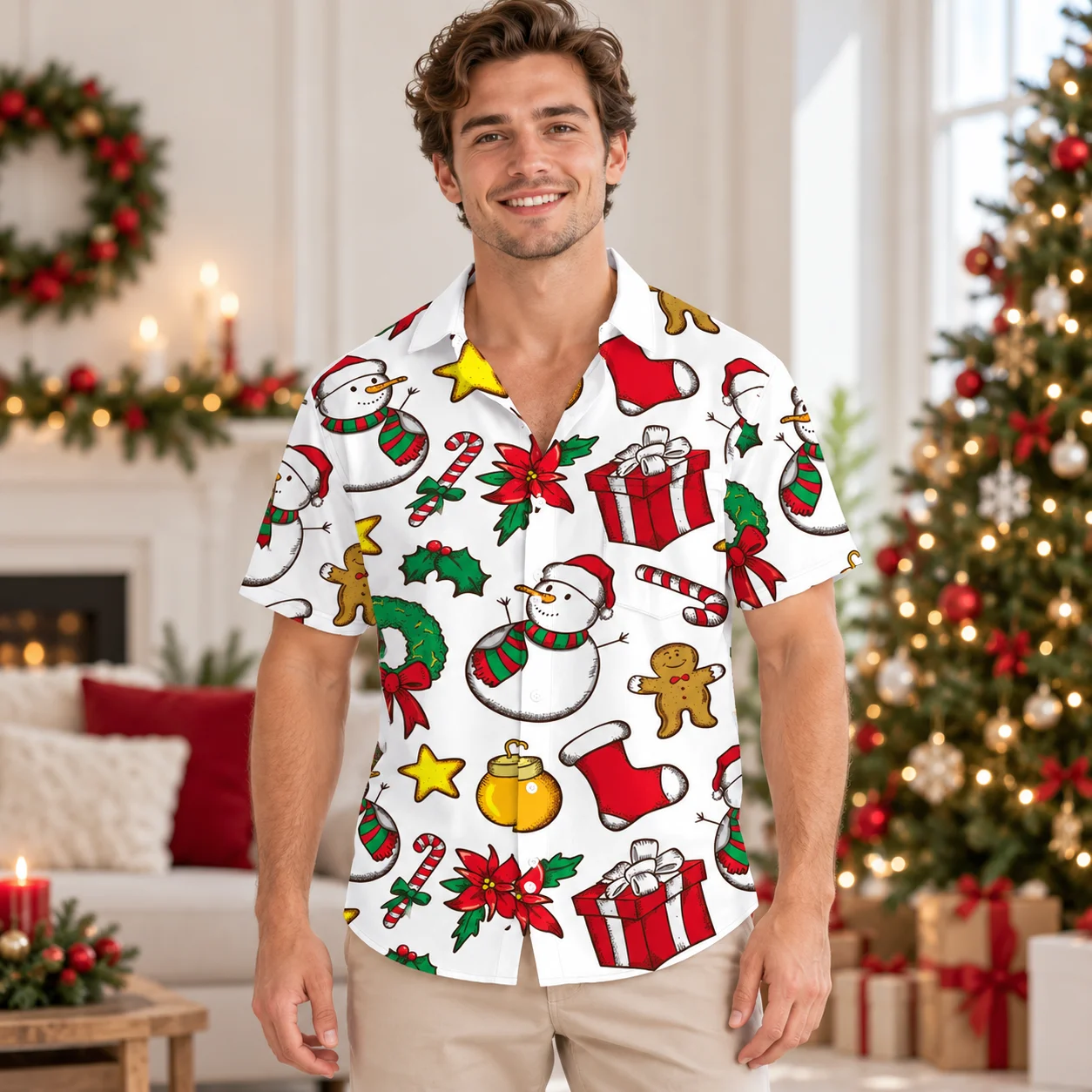 Blouses Snowman and Gingerbread Hawaiian Shirt Christmas Gift Poinsettia Print Mens Button Up Shirts Short Sleeve Holiday Styles