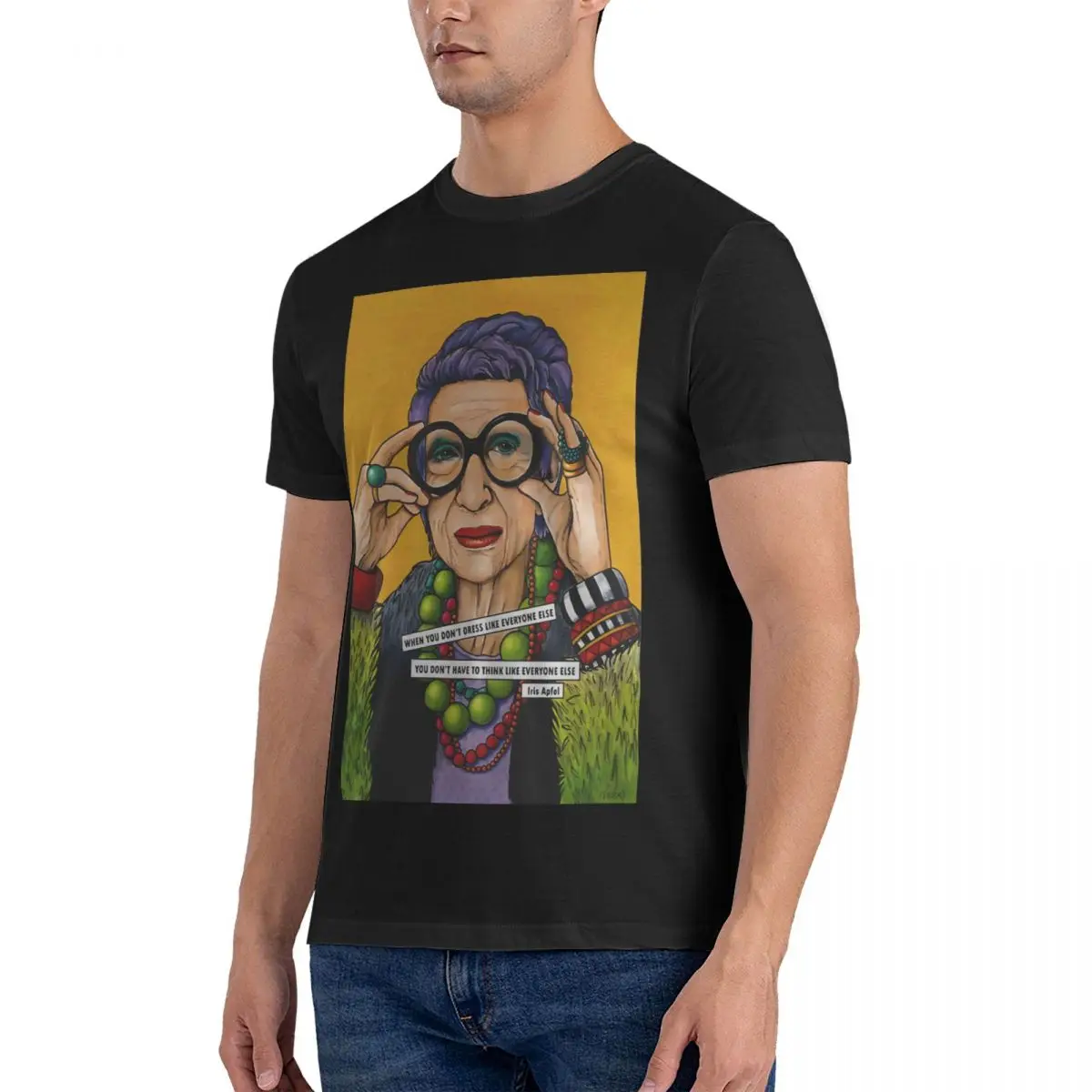 Vintage T-Shirt for Men Iris Apfel Unique Cotton Tees Crewneck Short Sleeve T Shirts Gift Idea Clothing