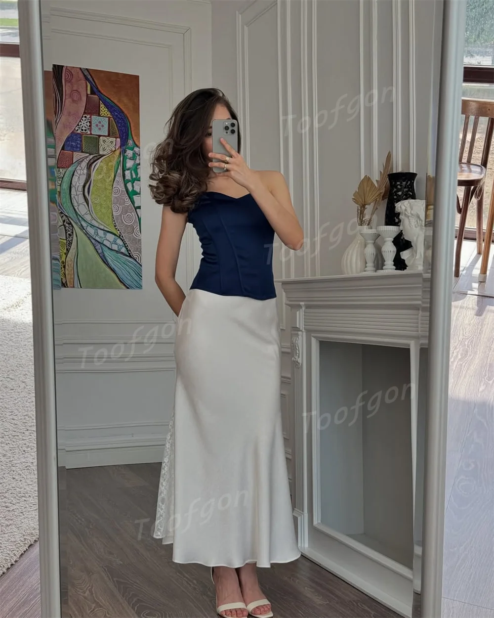 فساتين حفلات على شكل قلب من Toofgon باللون الأزرق العاجي مخصصة بدون أكمام من الساتان للنساء للكاحل مناسبة خاصة رسمية للحفلات