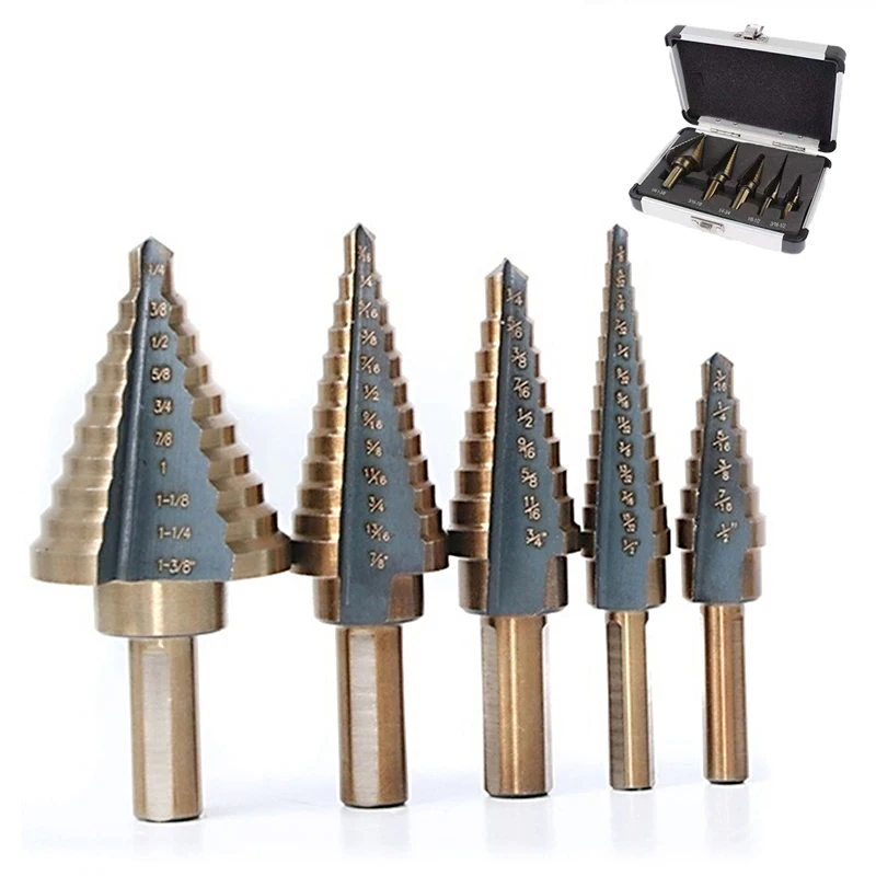 

5-piece Step Drill Bit Set High-speed Steel Hole Punching Drill Bit Aluminum Box Metal Center Core Drill Bit Tools