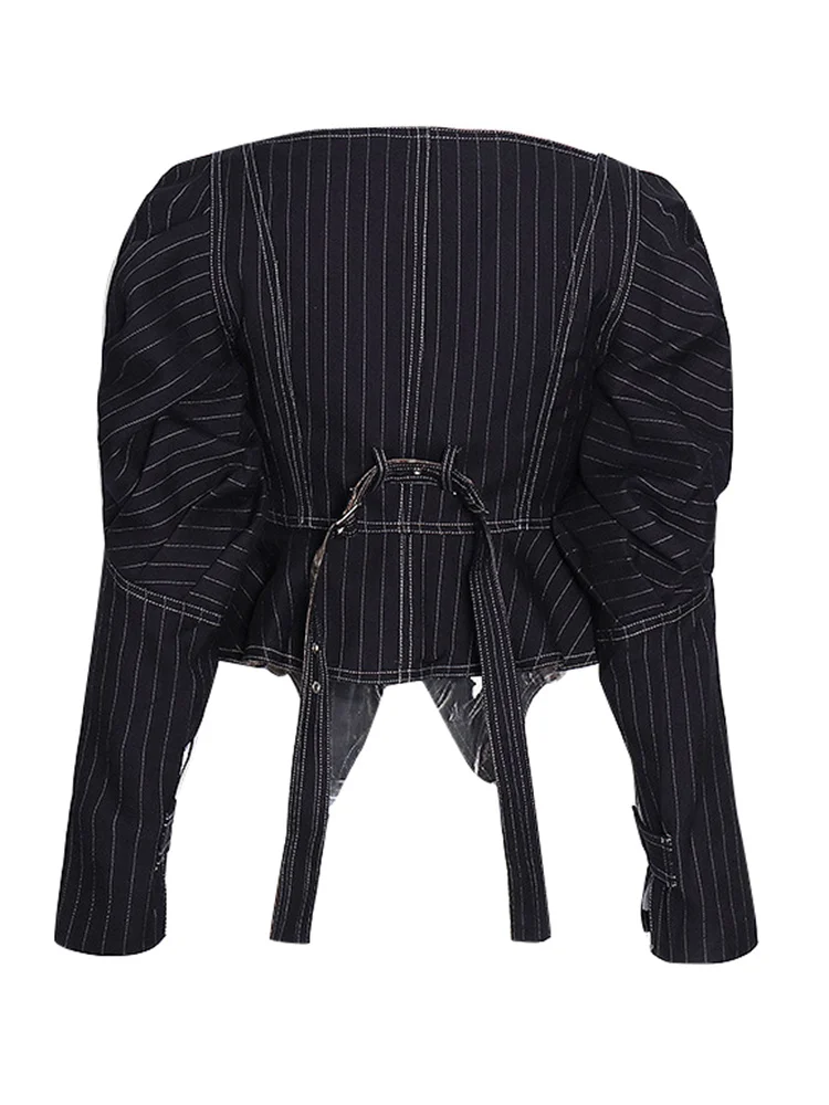 ROMISS Temperament Striped Slim Jacket For Women Square Collar Long Sleeve Patchwork Lace Up Short Jackets Female Clothing New