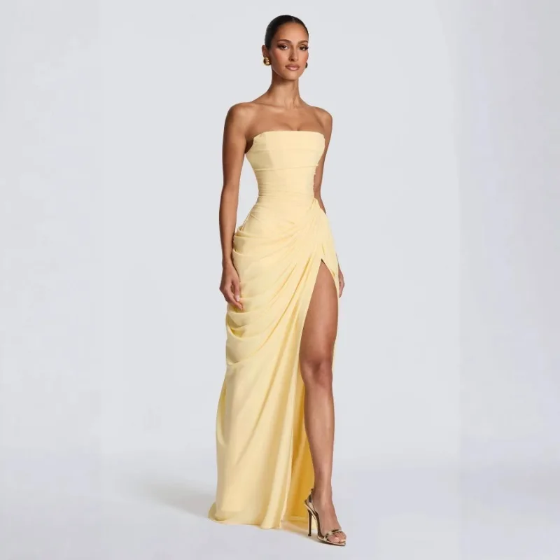 FL Women Sexy Solid Pleated Strapless Dress Lady Chic Off-shoulder Backless High Waist Split Dresses 2026 New Evening Party Gown