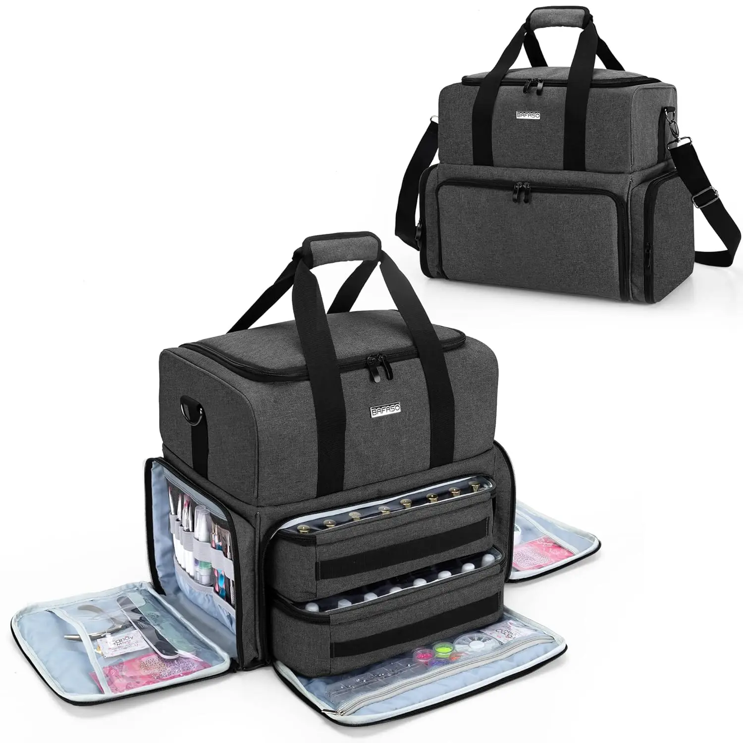 

Органайзер для лака для ногтей с УФ-лампой, вмещает 80 бутылок и инструменты, черный футляр со съемными чехлами