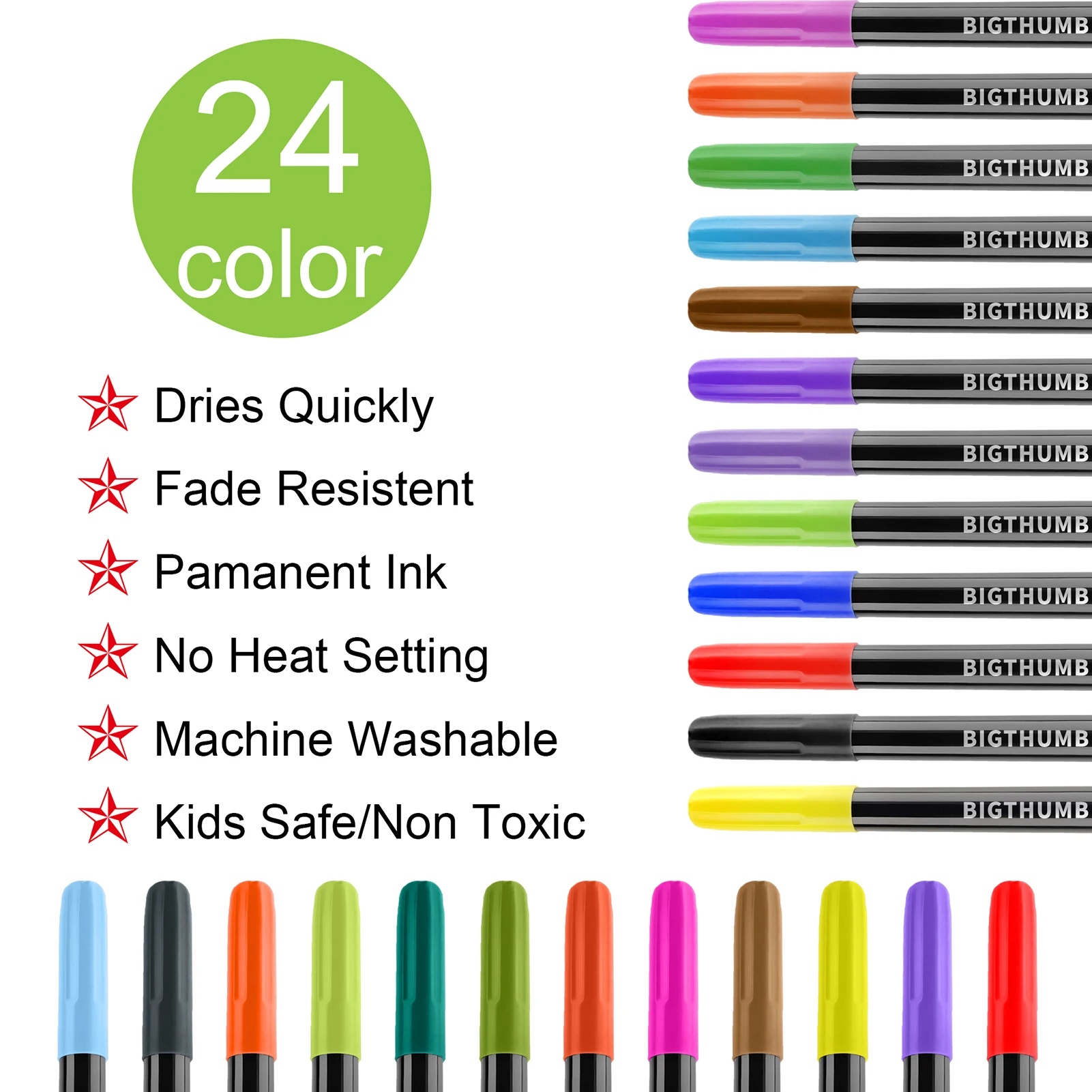 24-Color Fabric Pens Set Permanent for Clothes DIY Hand-Drawing Doodling and Artwork Crafts Suitable for Fabric Paper Canvas