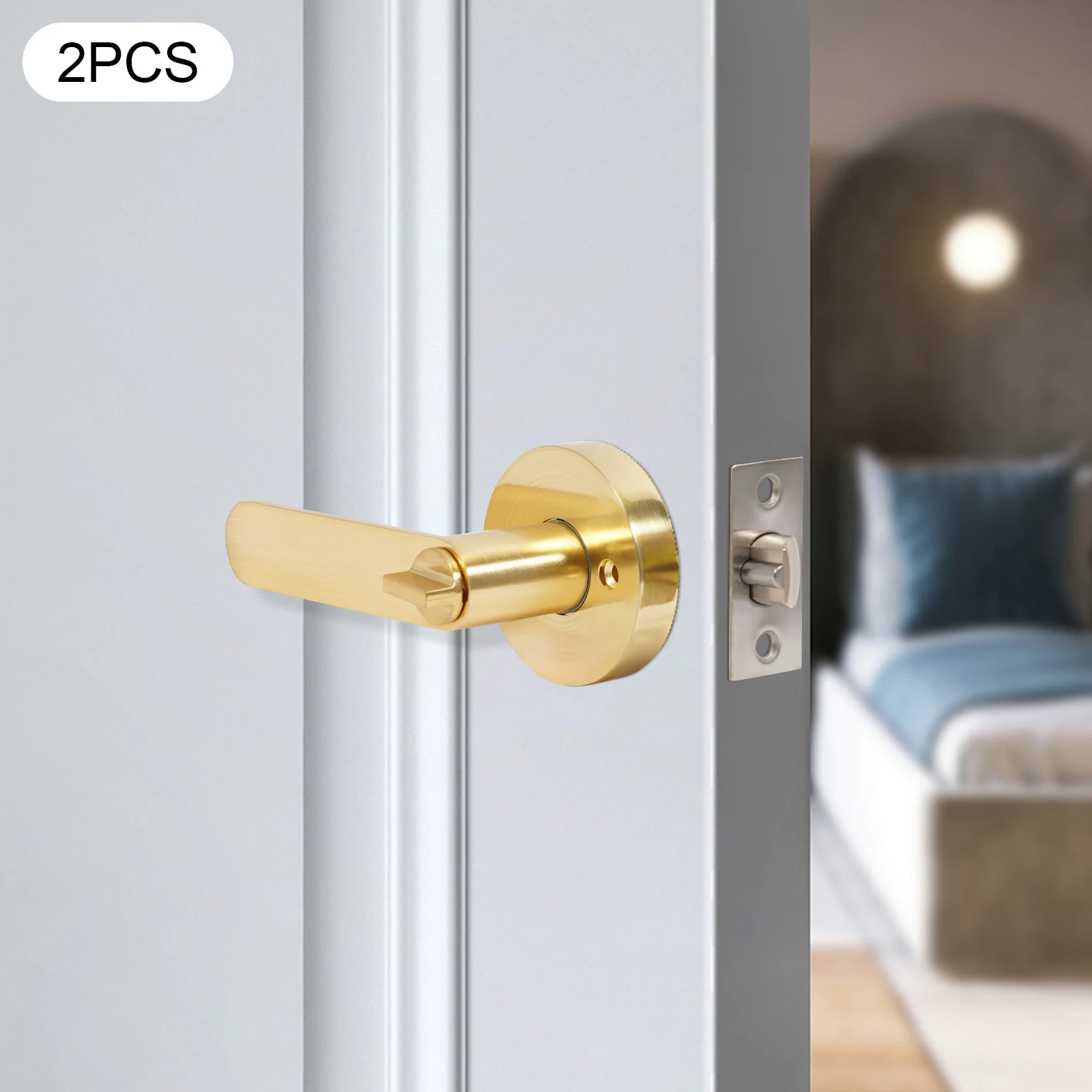2 قطعة مقبض باب الخصوصية مخرش مقبض رافعة رسمت مات الذهب غرفة نوم الحمام ممر قفل الباب ث/مفتاح #3