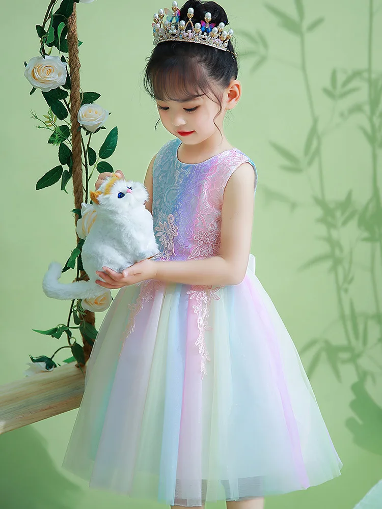 Girls Rainbow Dress Little Girl Stylish Puffy Tulle Princess Dress Little Girl Flower Girl Dress In Stock