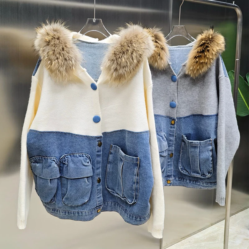 

2025 Women Winter New Design Real Raccoon Fur Collar Hoodie Knitting Thick Denim Cloth Joint Sweater Hooded Suit Coat