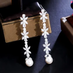 CWWZircons Shiny White CZ Paved Silver Color Long Dangle Drop Pearl Flower Leaf Cubic Zirconia Earrings for Women Wedding CZ478