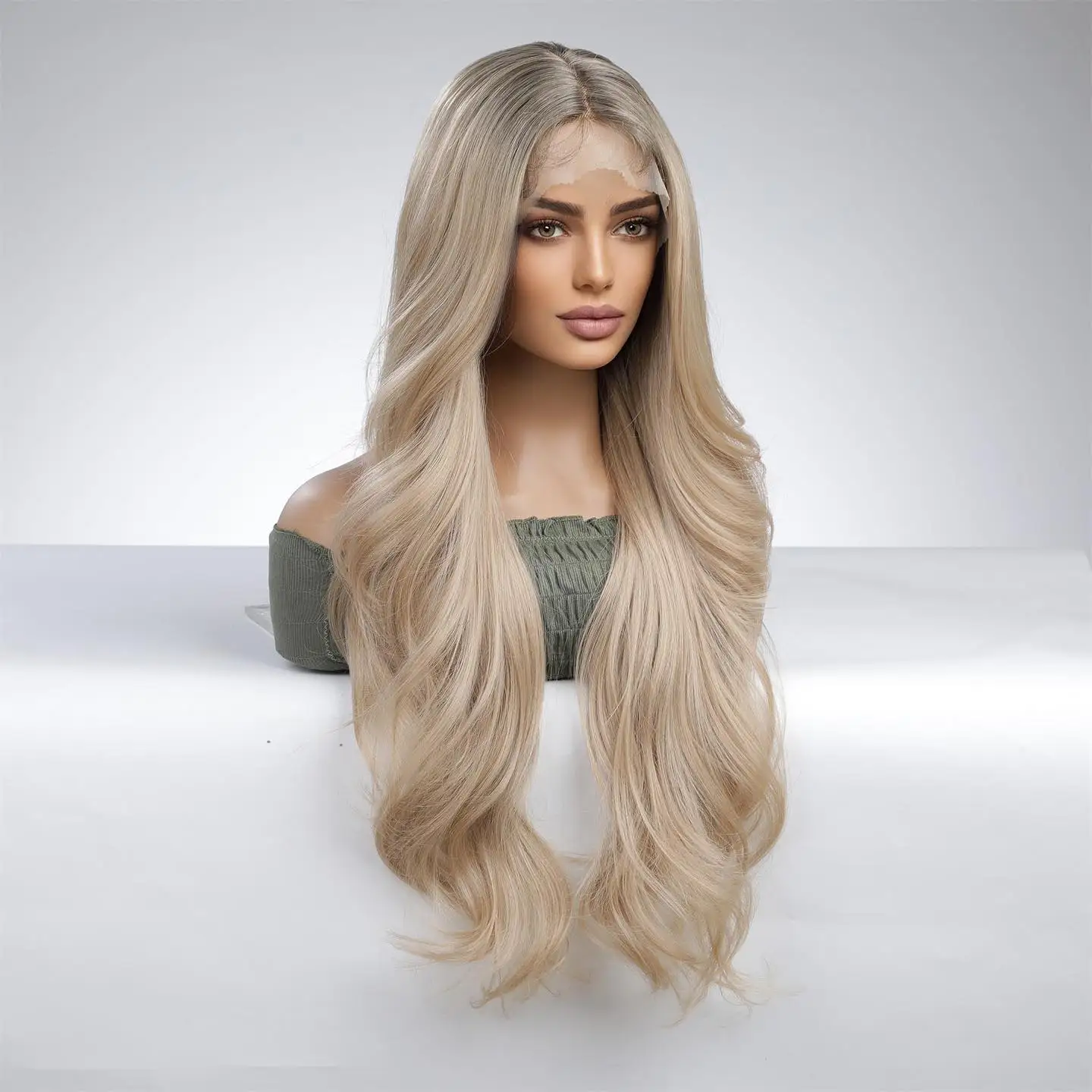 Ombre Grey Roots Ash Blonde Long Wavy 180Density Transparent Lace Front Synthetic Hair Wigs Baby Hair Glueless Easy Wear Wigs