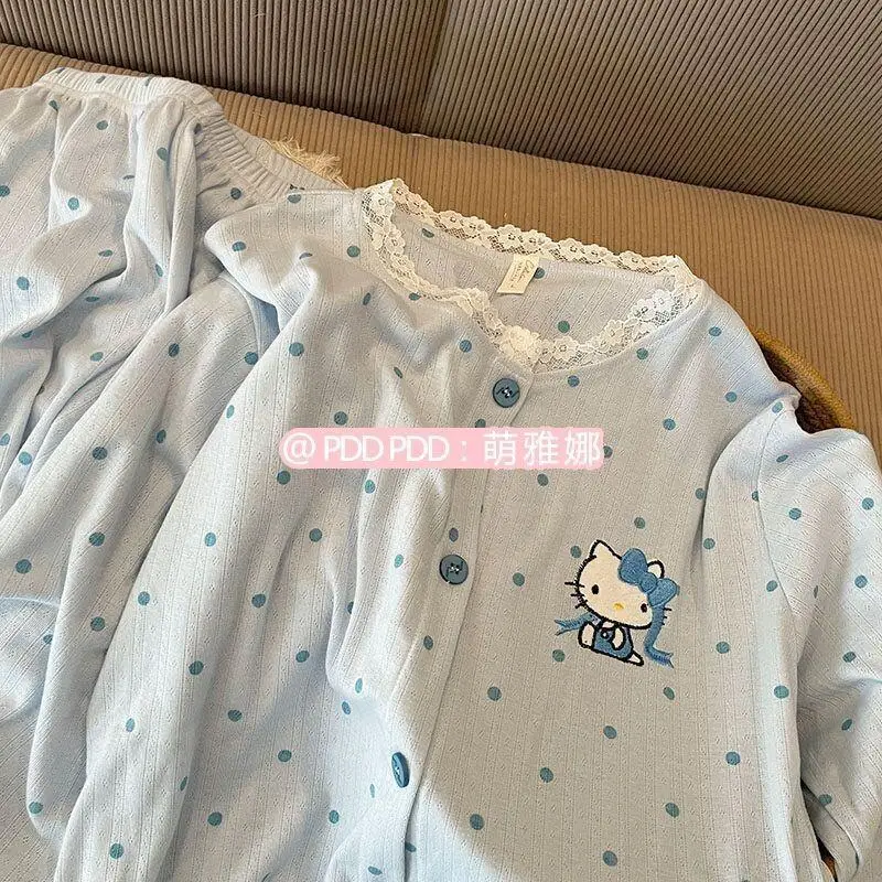

Женский пижамный комплект Sanrio Hello Kitty, мягкая одежда для сна с длинными рукавами и длинными брюками, корейская милая домашняя одежда для улицы, весна-осень