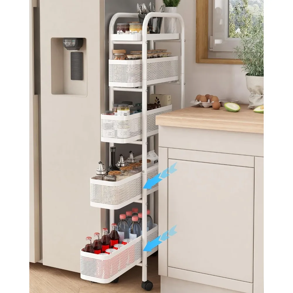 5-Tier Narrow Storage Cart with Pull-Out Baskets | Ideal for Bathrooms, Kitchens, and Laundry Rooms