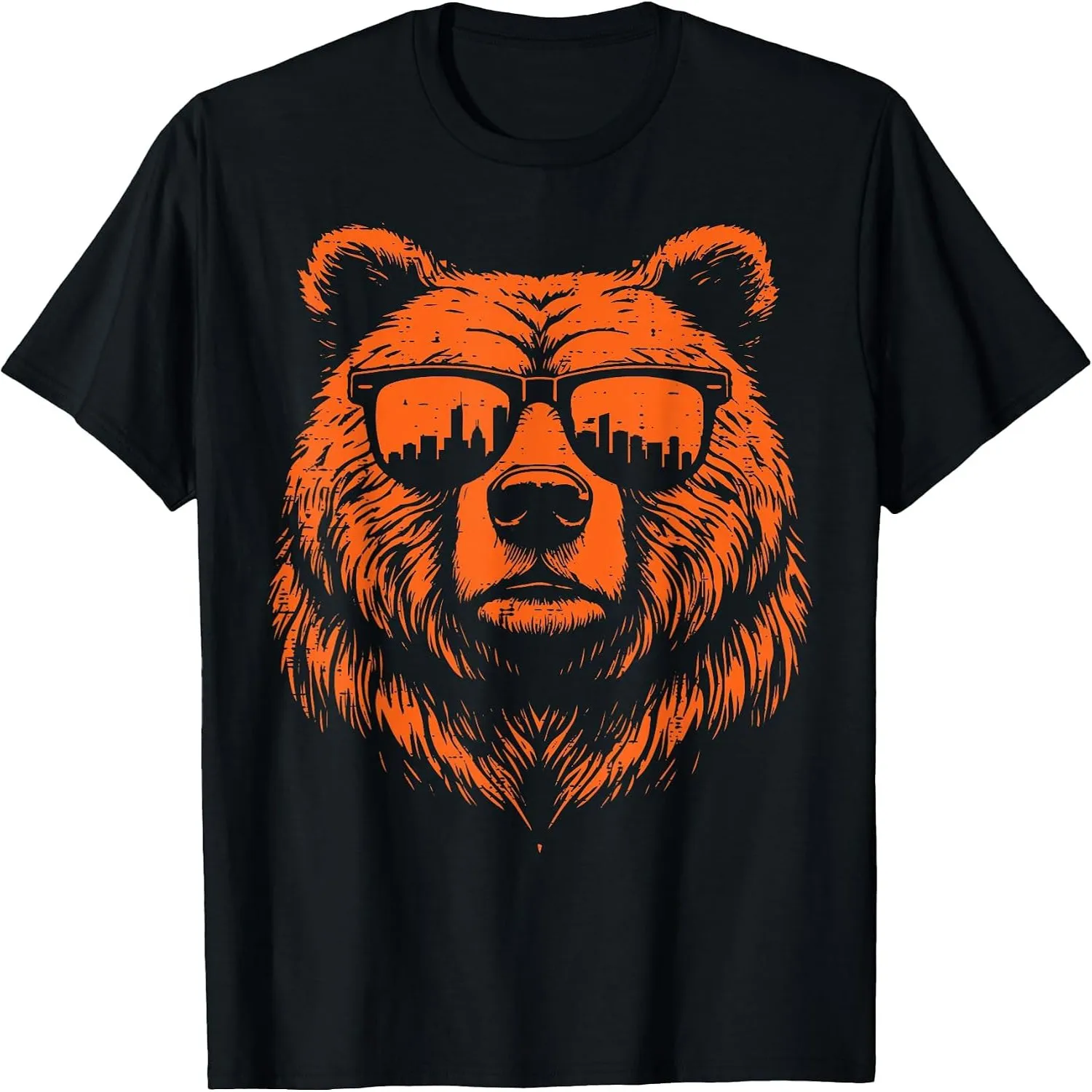 Cool Grizzly Bear Sunglasses City Skyline Distressed Graphic T-Shirt