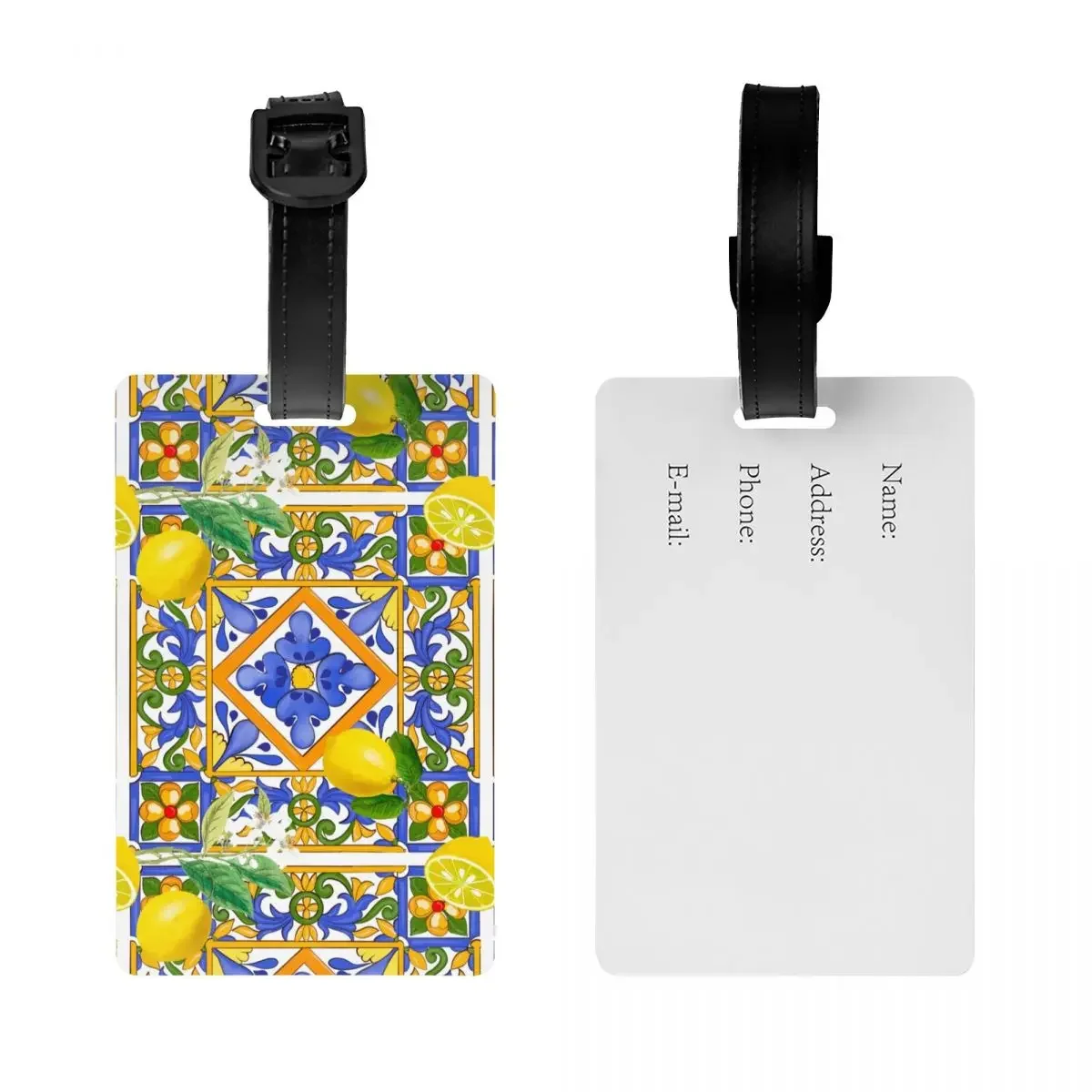 Custom Mediterranean Summer Fruit Lemons Tiles Luggage Tags for Suitcases Funny Baggage Tags Privacy Cover Name ID Card