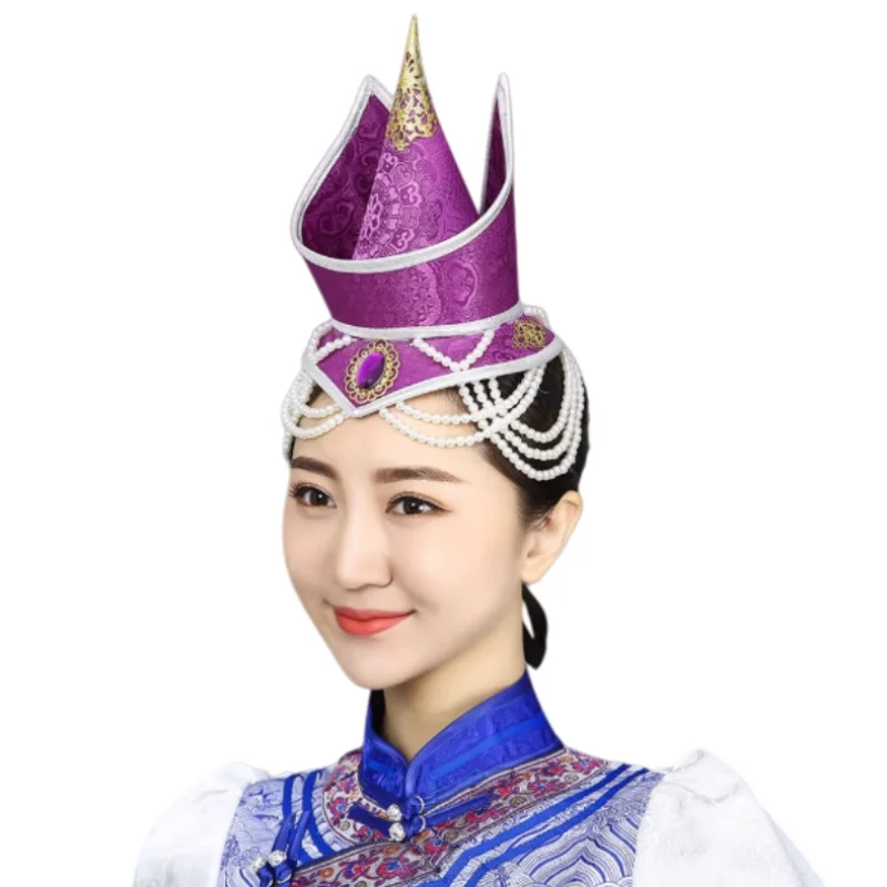 

Chinese Fashion Mongolian Woman's Hats Ethnic Dance Performance Costumes Mongolian Headwear Stage Wedding Beading Cap