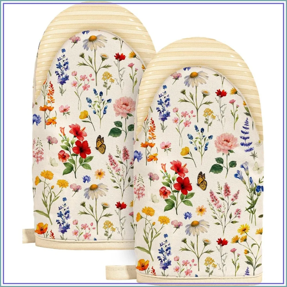 Vintage Floral Mini Oven Mitts Set – Beige, Extended Heat Resistant Cotton Gloves with Silicone Grips, Non-Slip, Thick for Cooking & Baking — купить у AliExpress WW