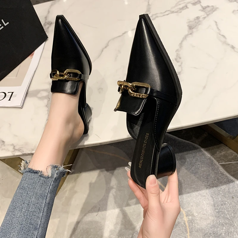 

Summer Luxury Women Black High Heels Slippers Close Toe Block Heels Mules Designer Slip on Loafers Slides Party Shoes