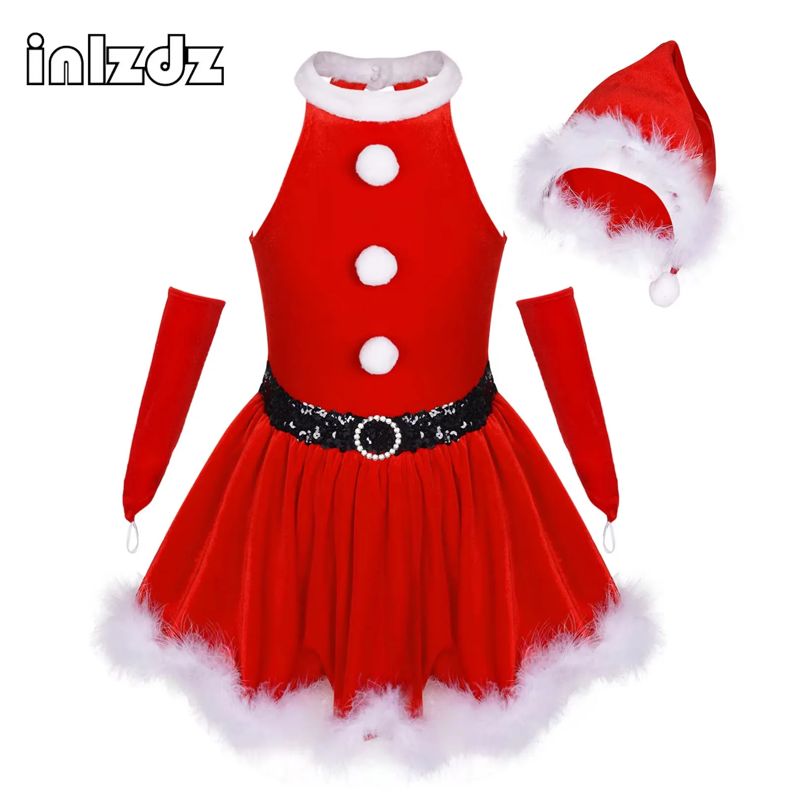 

Girls Christmas Mrs Santa Claus Costume Velvet Tutu Dress with Hat Gloves Suit Xmas Party Feather Trim Leotard Dress Dancewear