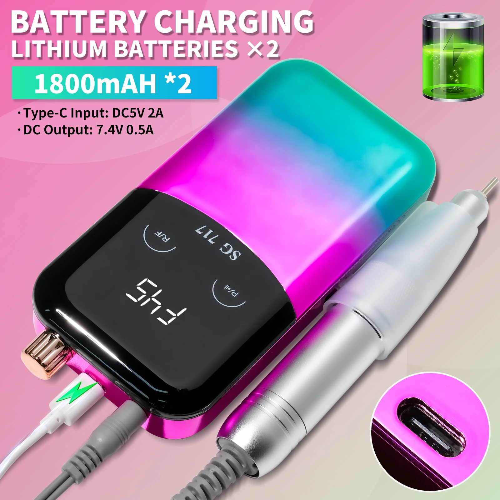 Oplaadbare nagelboormachine, 45000 RPM elektrische nagelvijl Draagbare Efile draadloze en professionele nagelslijperset voor vrouwen