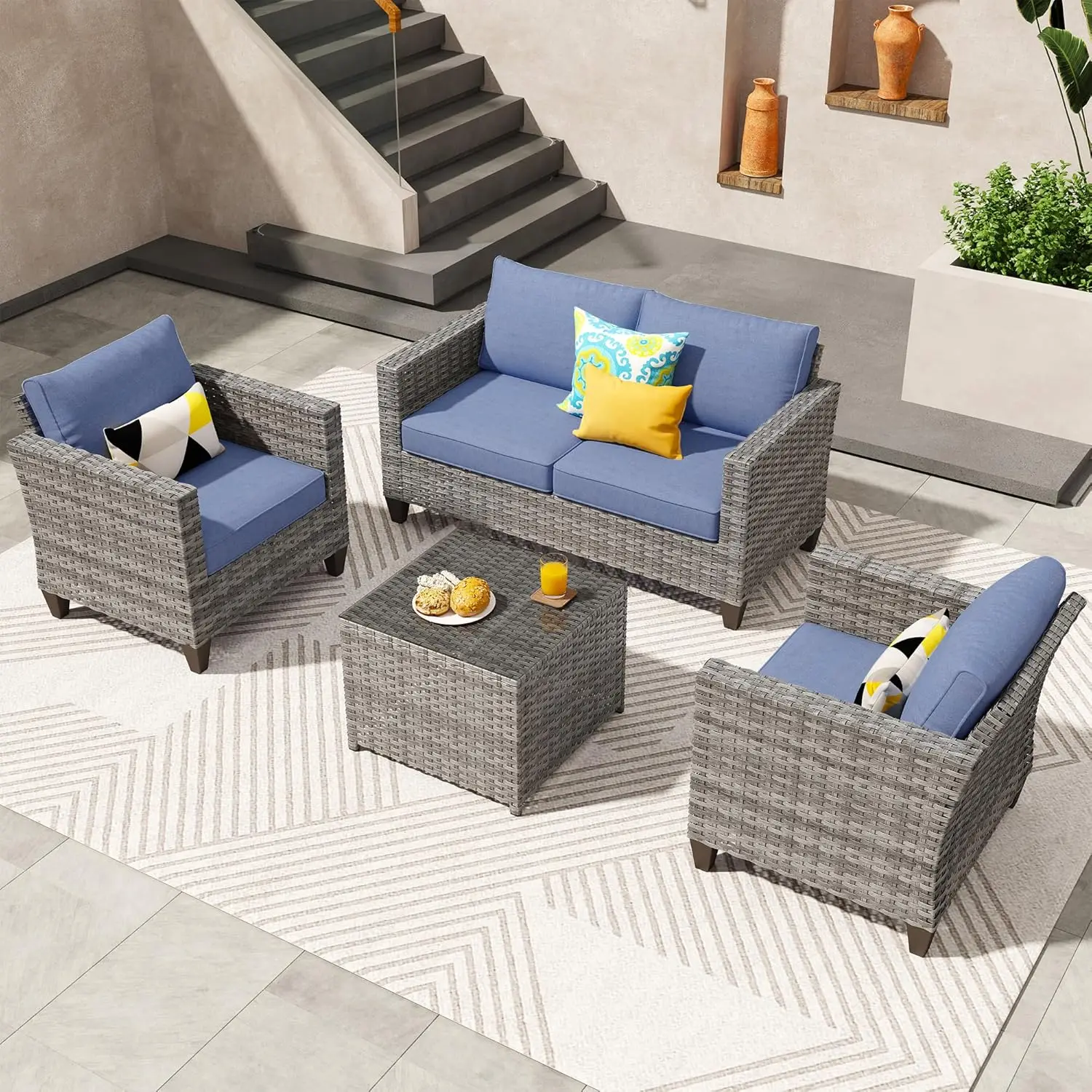 4 Piece Outdoor Sectional Sofa Set with Loveseat Chairs Coffee Table High Back Couch All Weather Wicker Rattan Conversation Sets