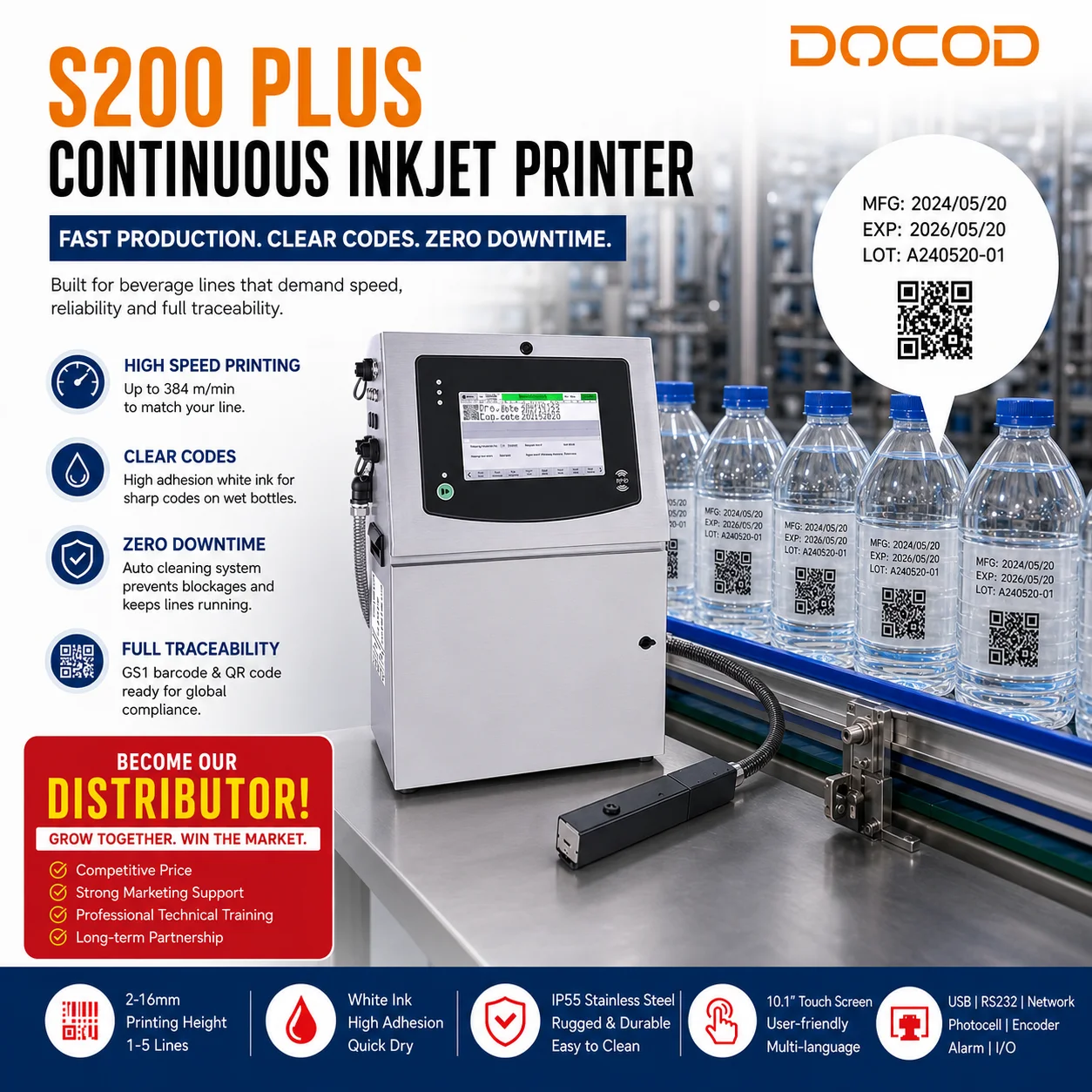 DOCOD OEM/ODM S200 Plus Series Continuous Inkjet Printer  CIJ INKJET PRINTER PRINTER MACHINE Printing Machine for Expiry Date
