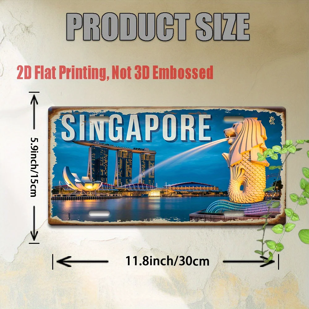 2D Flat Aluminum Singapore Marina Bay Merlion Vintage Decor Wall Sign Metal Plaque Travel Wall Study Balcony Office Art