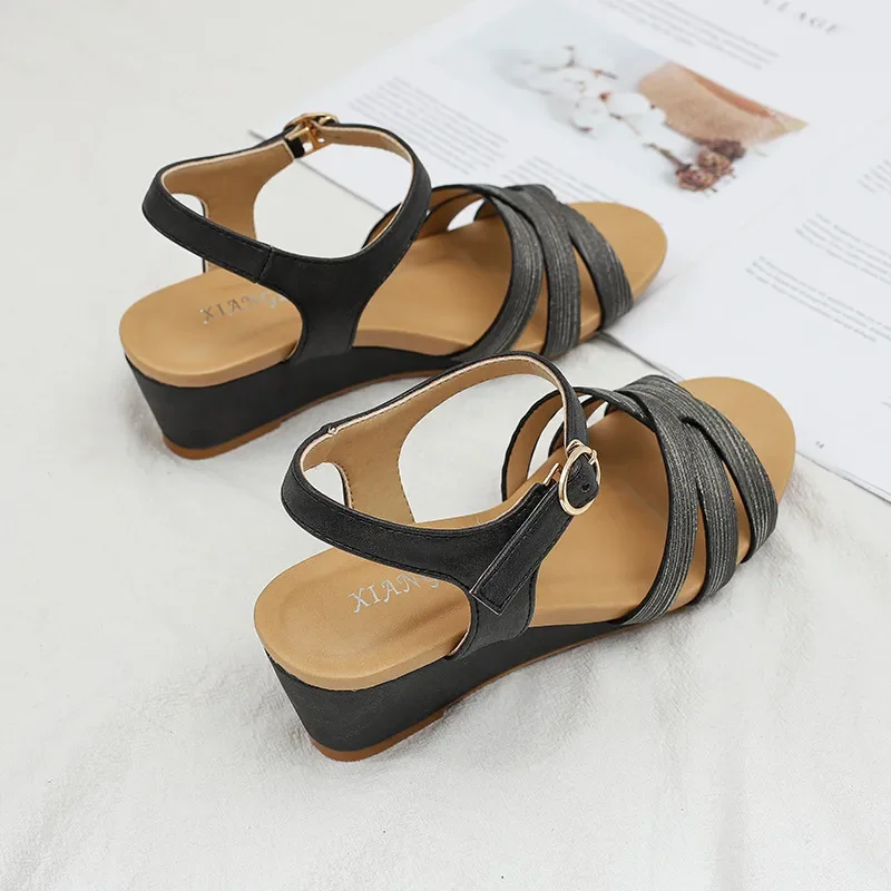 BEYARNEWomen Summer Shoes Wedges Sandals Buckle Design Ladies High Heels Soft Leather Female Pumps Large Size 36-42