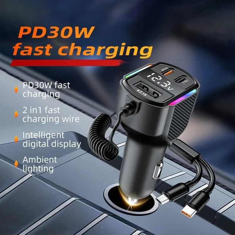 PD 30W Autoladegerät Zigarettenanzünder-Adapter USB Typ-C mit Federdraht Schnellladekabel für iPhone Xiaomi Huawei Samsung