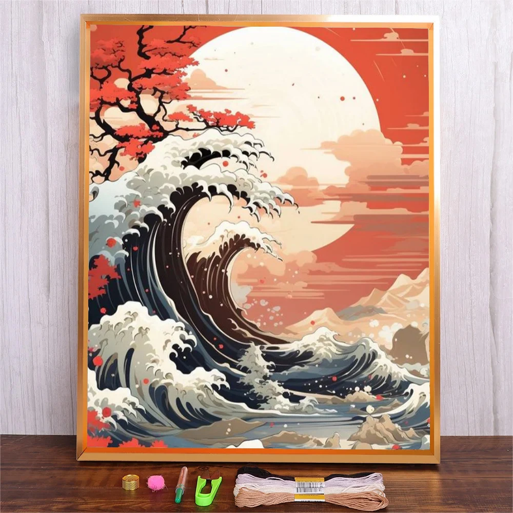 Cross Stitch Complete Kit Moon Sea Wave DIY Hobby Embroidery Supplies Landscape Handmade Knitting Wall Art Crafts Home Decor