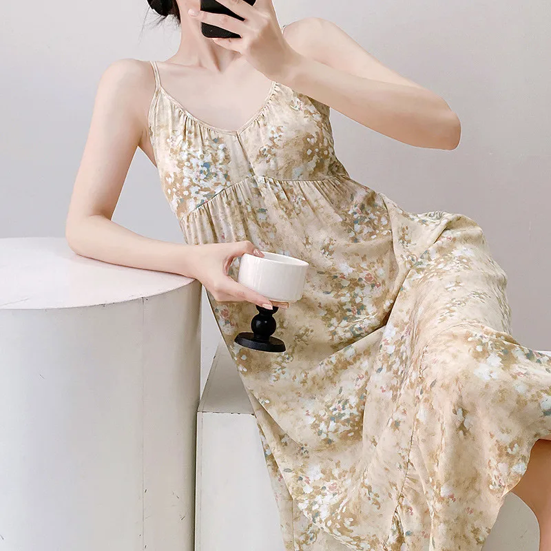 

Suspenders Nightgown For Women Spring Summer Sleepwear Dress Bra Pads Sexy Home Wear Loose Floral Cotton Nightwear Night Shirt