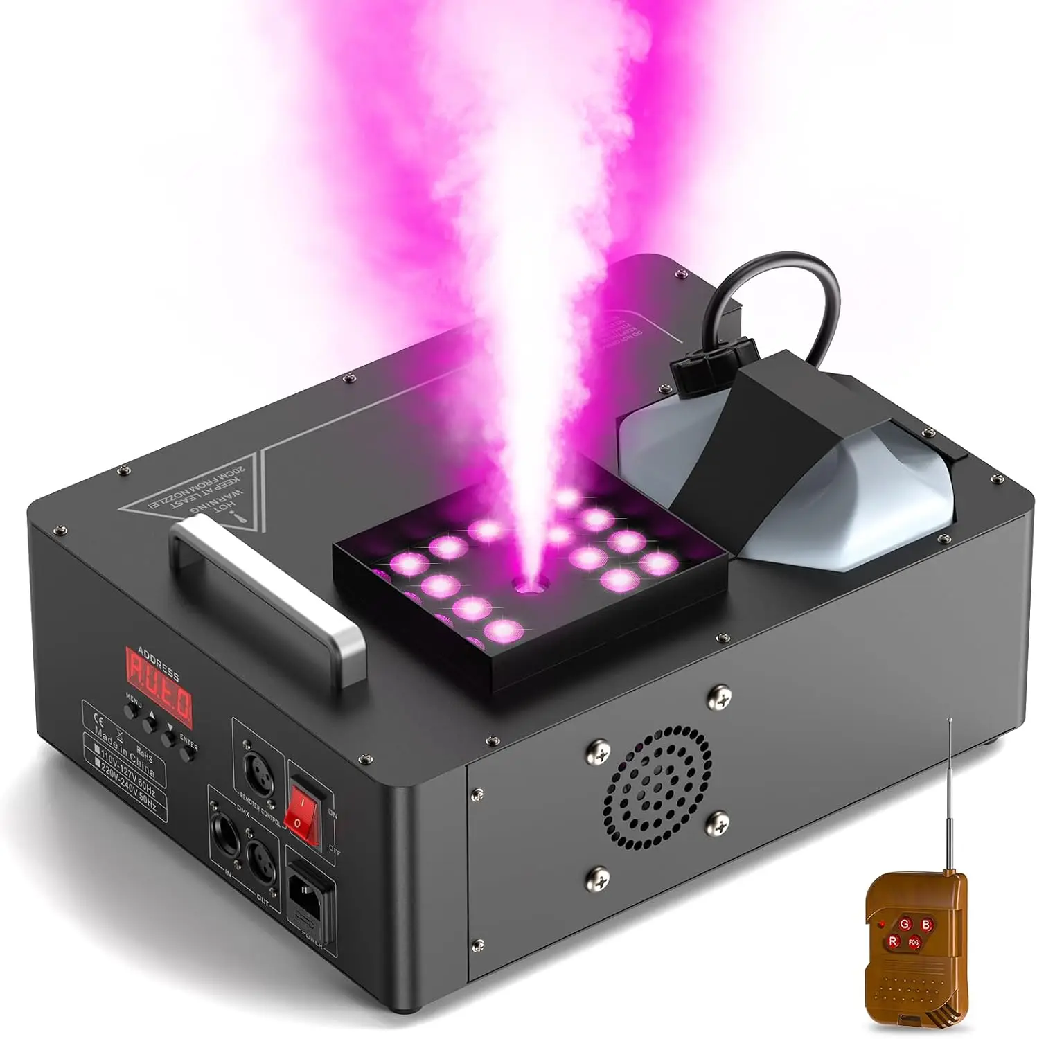 1500W Fog Machine Lights 24 RGB LED Stage Smoke Device Vertical Halloween Smoke Maker DMX Wireless Manual Control 2.5 Liters 200