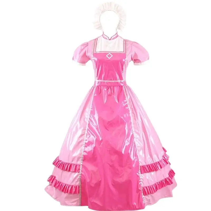 French Sexy Adult Custom Fetish Cross Dressing Sissy PVC Dress Long Pink Patchwork Rose Red Short Sleeved Dress