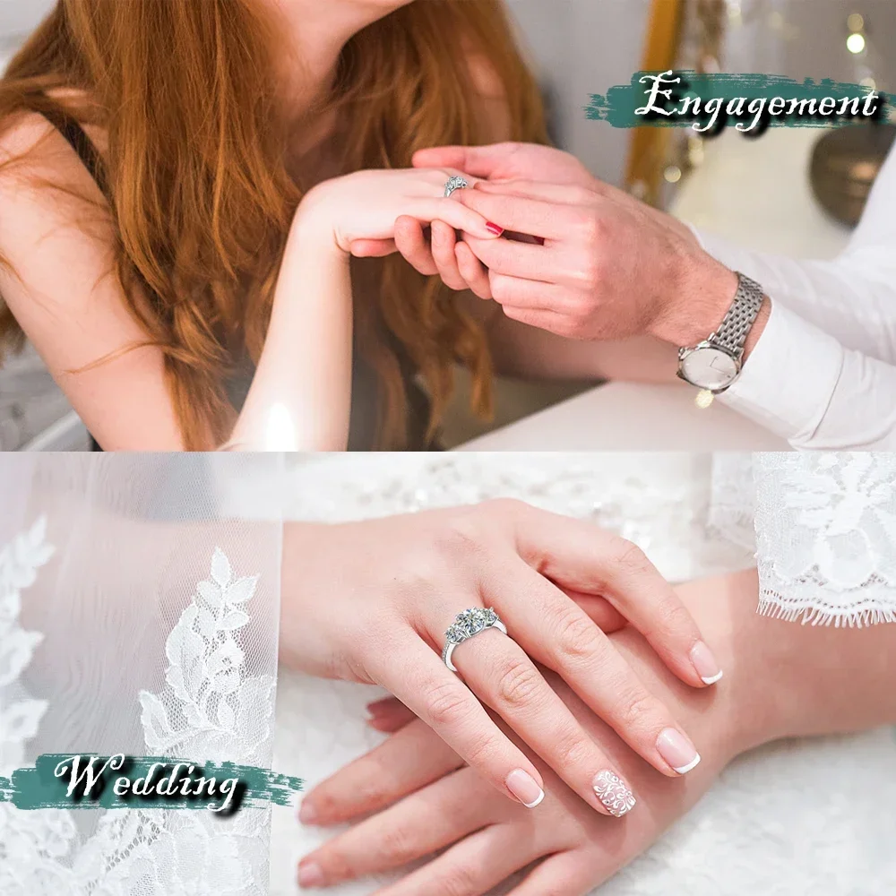 FEOBUR 4CT Real Moissanite Ring for Women 925 Sterling Silver No Fade Three Diamond Engagement Rings Wedding Band Jewelry