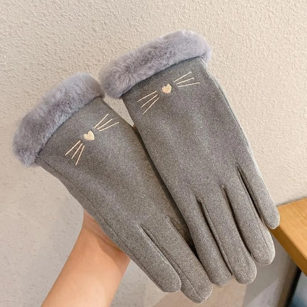 New Winter Gloves Warm Touchable Screen Driving Mittens Cute Cat Embroidery Full Finger Full Finger Gloves Gift