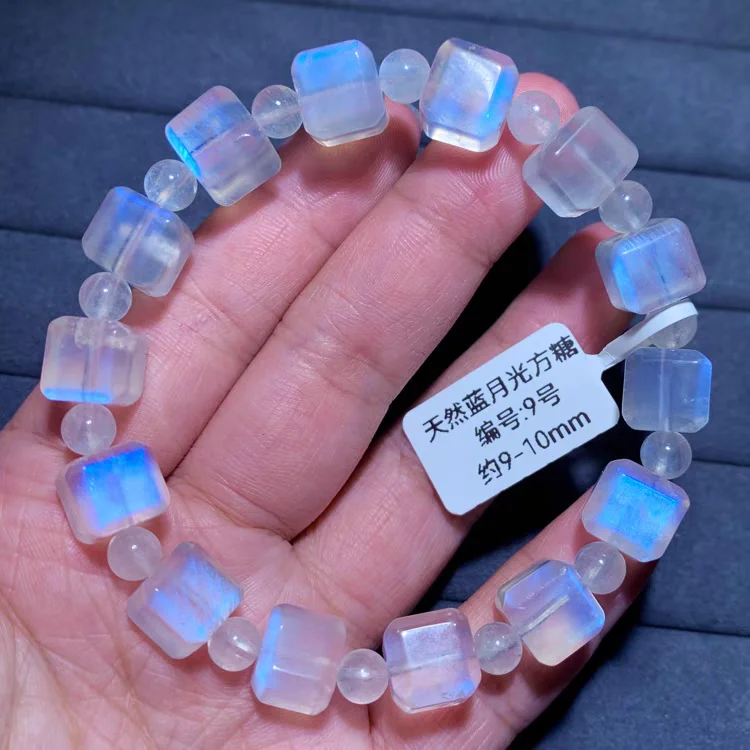 

Natural Blue Light Moonstone Clear Cube Love Beads Bracelet 8x8mm Stretch Women Fashion Jewelry Genuine Moonstone AAAAA