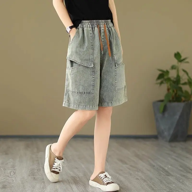Estate delle Donne Sottile Elastico Denim Orts Coreano Allentato Dimagrante di Grandi Dimensioni Pantaloni a Cinque Parti a Vita Alta Metà Stretch Origine Cinese