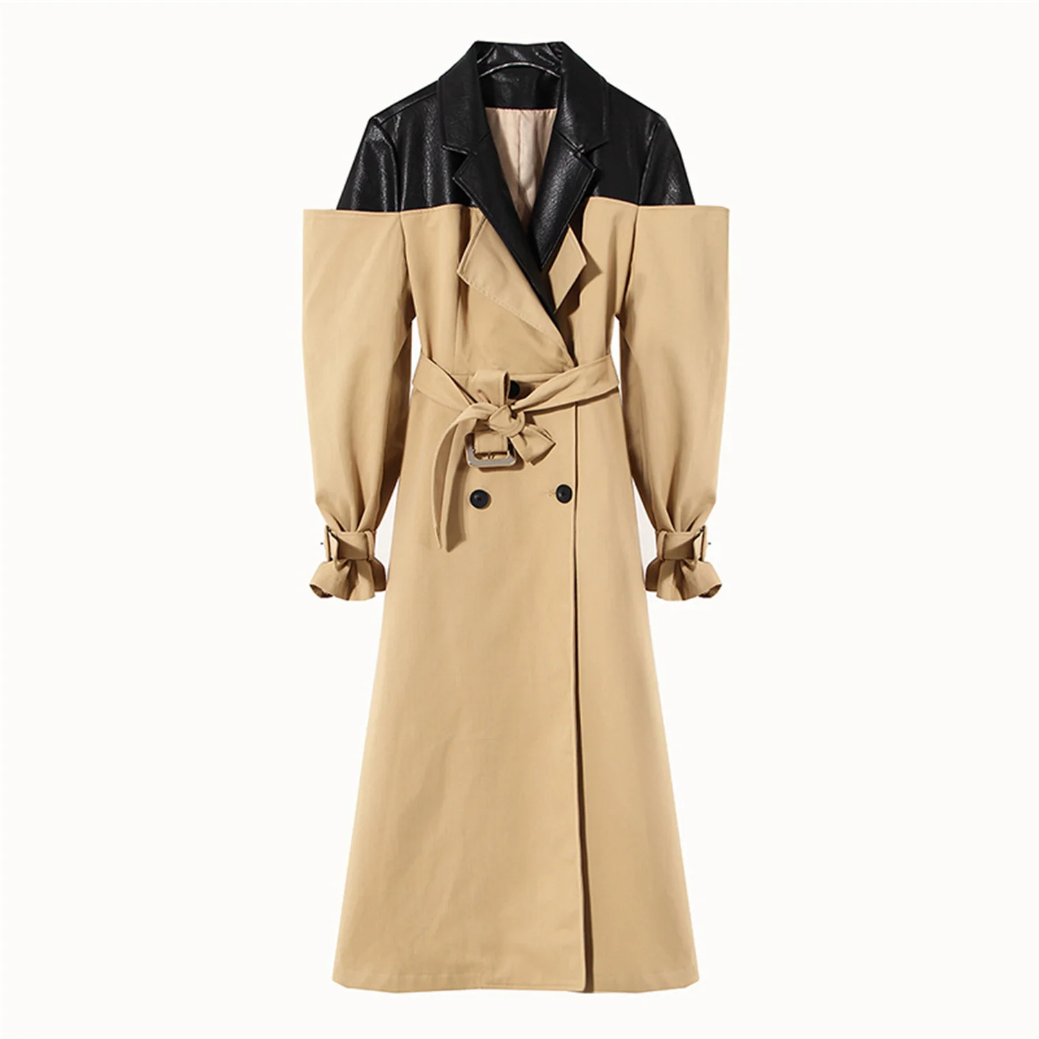 Patchwork Long Coat, PU Neckline Women\'s Long Jacket, Autumn Khaki Coats With Belt For Women New Fashion High Quality Outfit