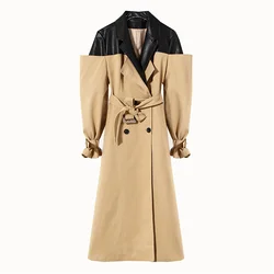 Patchwork Long Coat, PU Neckline Women's Long Jacket, Autumn Khaki Coats With Belt For Women New Fashion High Quality Outfit