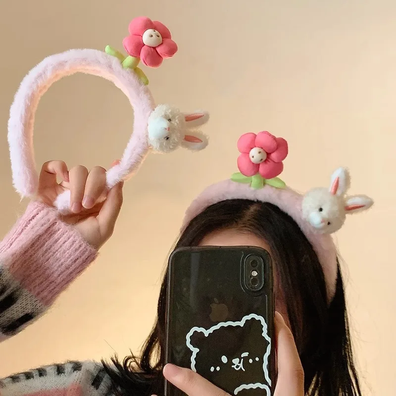 YHJ Cute Rabbit Hair Bands Pink Flower Plush Hair Hoop Trend Female Headband Head Hoop Sweet Hair Bands Accessories for Women