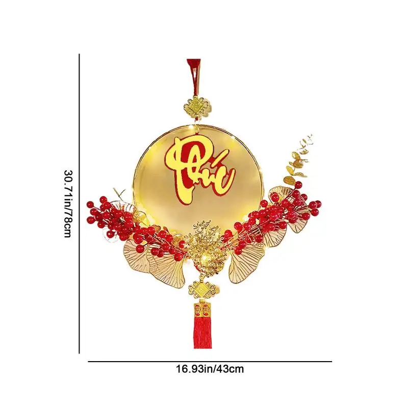 Китайский новогодний венок Искусственный венок с китайскими иероглифами Декоративная дверная вывеска со светодиодной подсветкой Праздничные украшения для