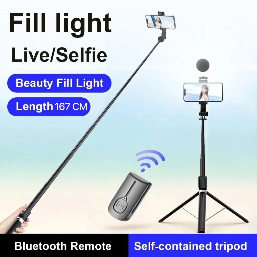 Nouveau bâton de selfie Bluetooth 6 en 1, trépied pour selfie avec télécommande Bluetooth, 360° °   Rotation, lumière d'appoint / sans lumière, pour vlog sur téléphone