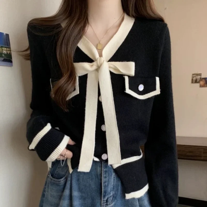 Deeptown Elegant Cardigan Sweater Woman Coquette Bow Knitted Tops Korean Fashion Autumn Winter Patchwork Long Sleeve Sweaters