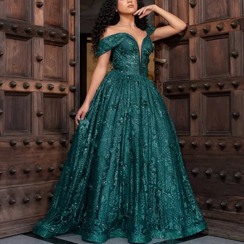 فساتين Quinceanera لامعة باللون الأخضر الداكن مخصصة قبالة الكتف ملصق ترتر دانتيل ثلاثية الأبعاد زهرة ذيل طويل فيستدو 15 Quinceanera