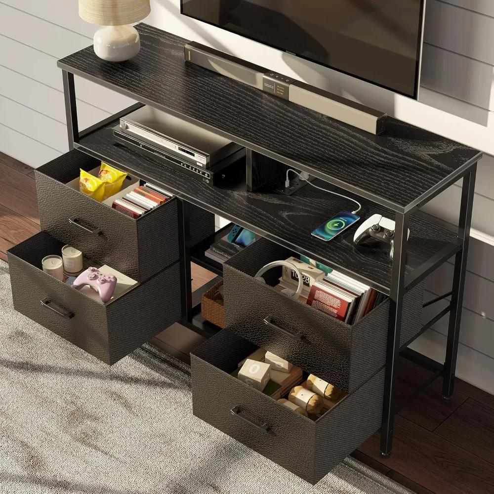 Rolanstar TV Stand with Power Outlets and LED Light, 4 Fabric Drawers Entertainment Center for 32/45/55 inch TVs, Media Console